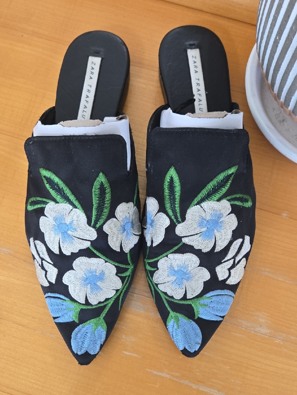 Zara Black Mules with Blue & White Floral Embroidery